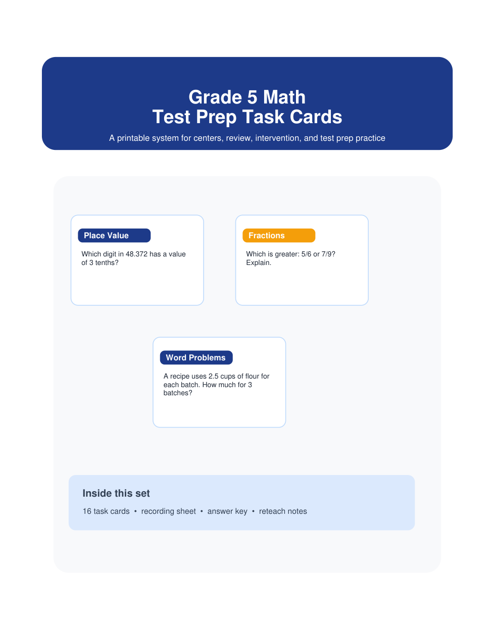 5th Grade Math Test Prep Task Cards preview