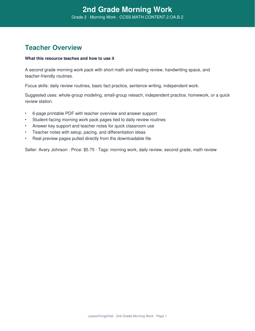 2nd Grade Morning Work preview