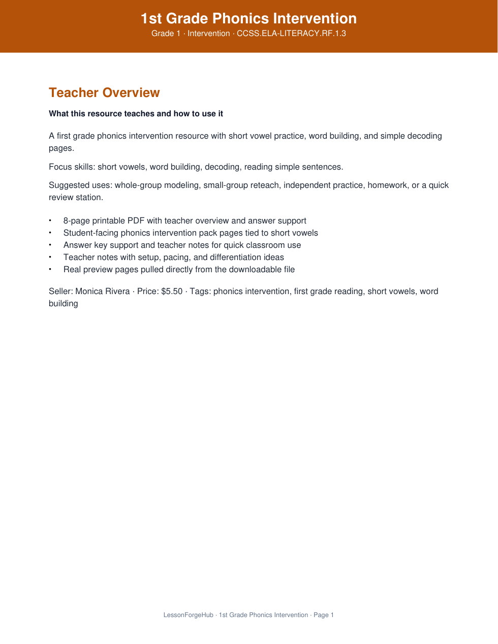 1st Grade Phonics Intervention preview card